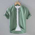 Men's short sleeve linen shirt with a stand collar, perfect for casual wear in warm weather. 7