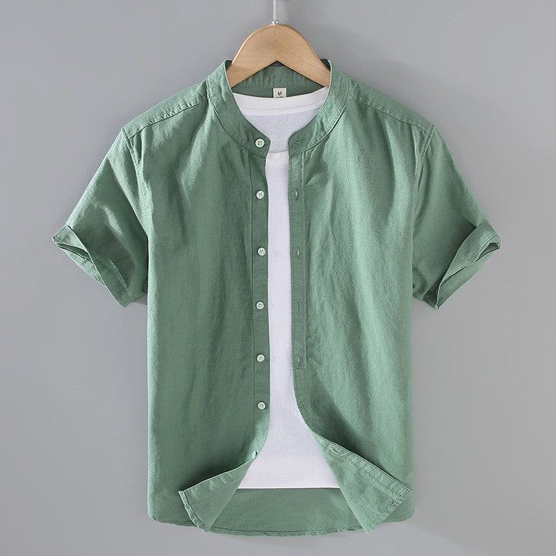 Men's short sleeve linen shirt with a stand collar, perfect for casual wear in warm weather. 7