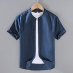 Men's short sleeve linen shirt with a stand collar, perfect for casual wear in warm weather. 8