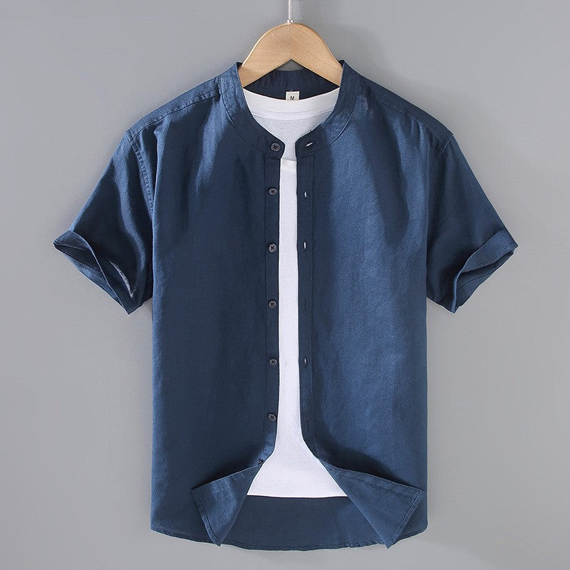 Men's short sleeve linen shirt with a stand collar, perfect for casual wear in warm weather. 8
