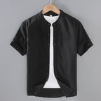 Men's short sleeve linen shirt with a stand collar, perfect for casual wear in warm weather. 9