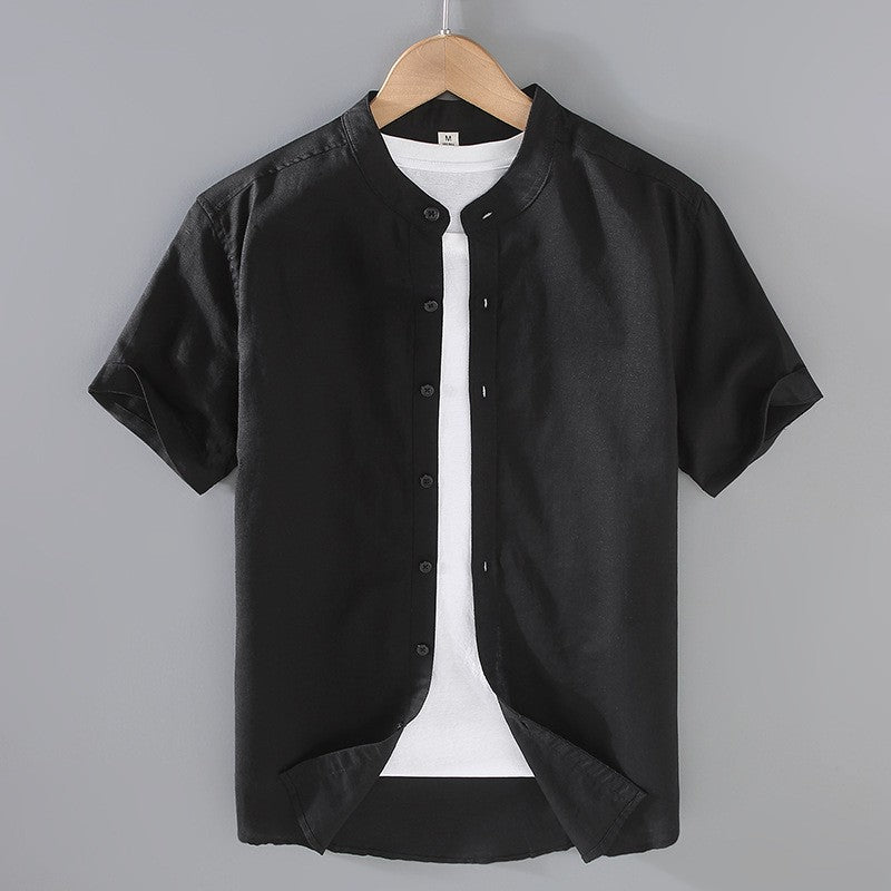 Men's short sleeve linen shirt with a stand collar, perfect for casual wear in warm weather. 9