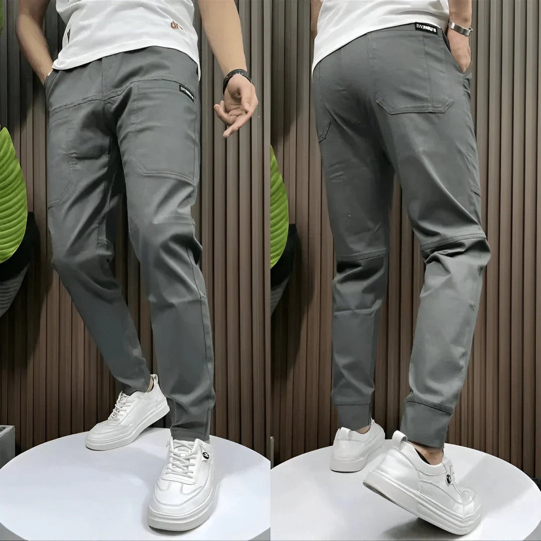 Men's slim fit cargo joggers featuring ribbed cuffs, designed for stylish casual wear, showcasing a modern silhouette and practical pockets. 5