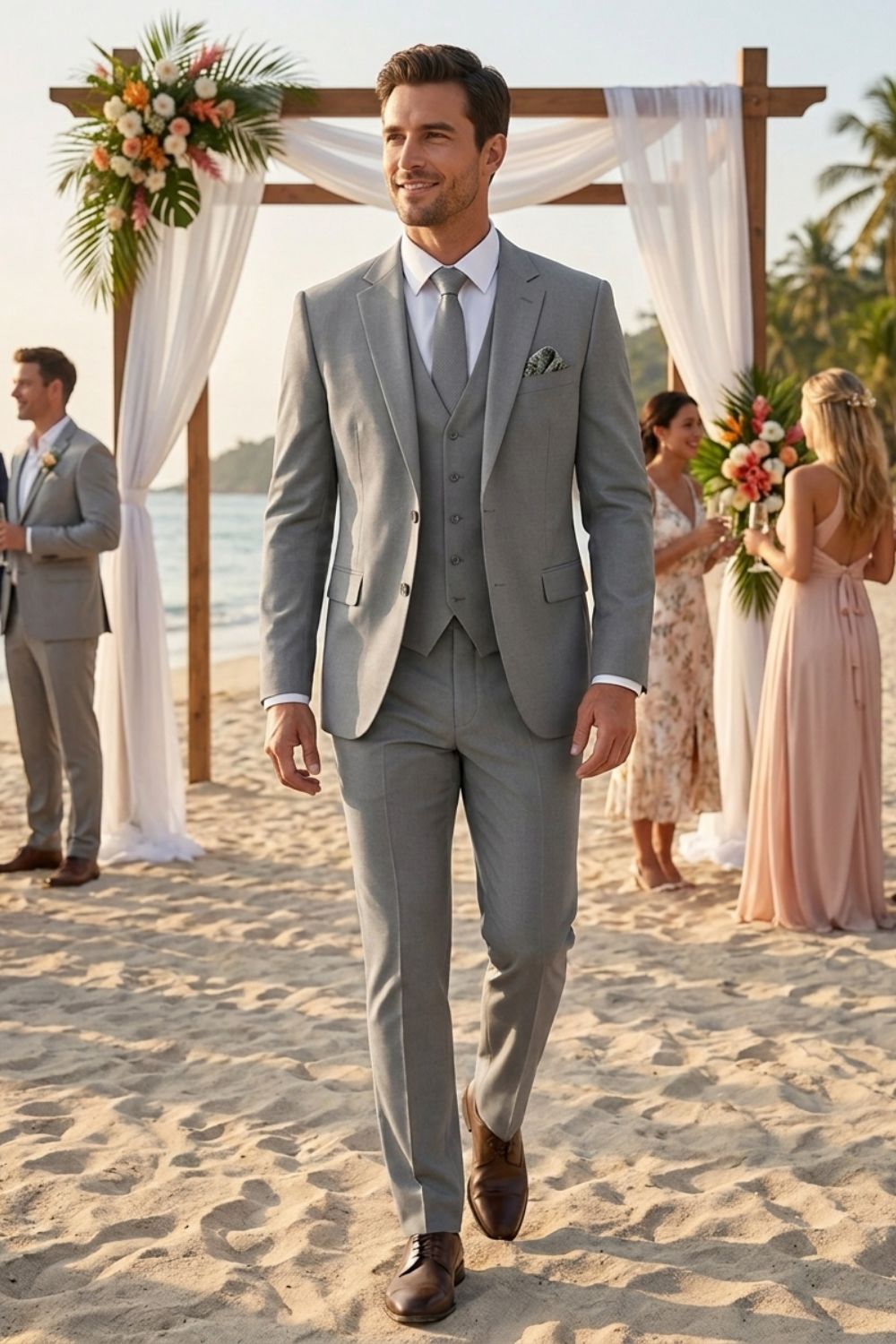 Men's slim fit three piece suit in charcoal gray, featuring a tailored jacket, matching vest, and trousers, ideal for weddings and formal occasions, showcasing 10