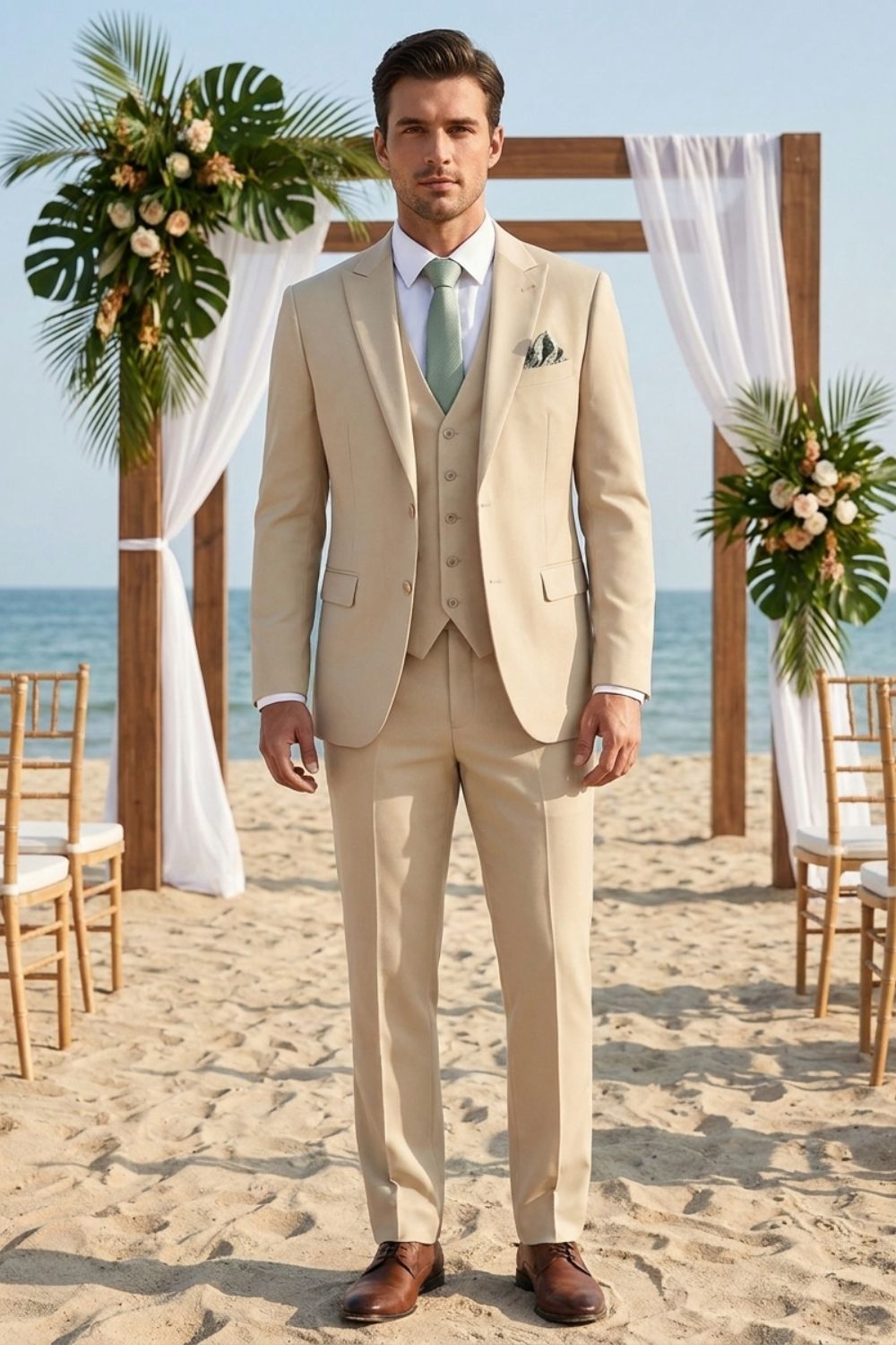 Men's slim fit three piece suit in charcoal gray, featuring a tailored jacket, matching vest, and trousers, ideal for weddings and formal occasions, showcasing 11