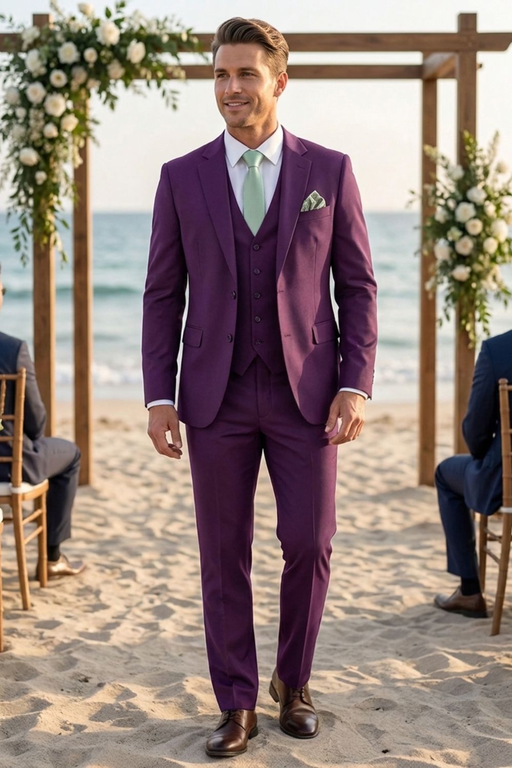 Men's slim fit three piece suit in charcoal gray, featuring a tailored jacket, matching vest, and trousers, ideal for weddings and formal occasions, showcasing 13
