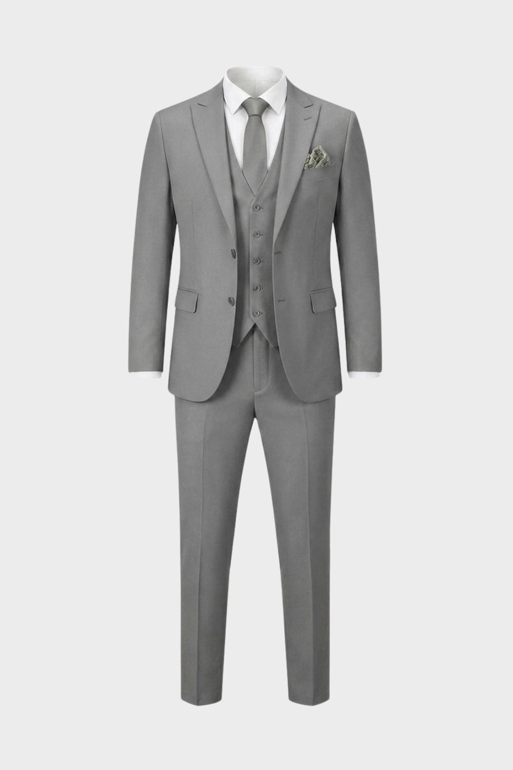 Men's slim fit three piece suit in charcoal gray, featuring a tailored jacket, matching vest, and trousers, ideal for weddings and formal occasions, showcasing 7