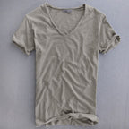 Men's slim fit V neck T-shirt in soft fabric, perfect for casual summer wear, featuring a stylish design and comfortable fit. 0