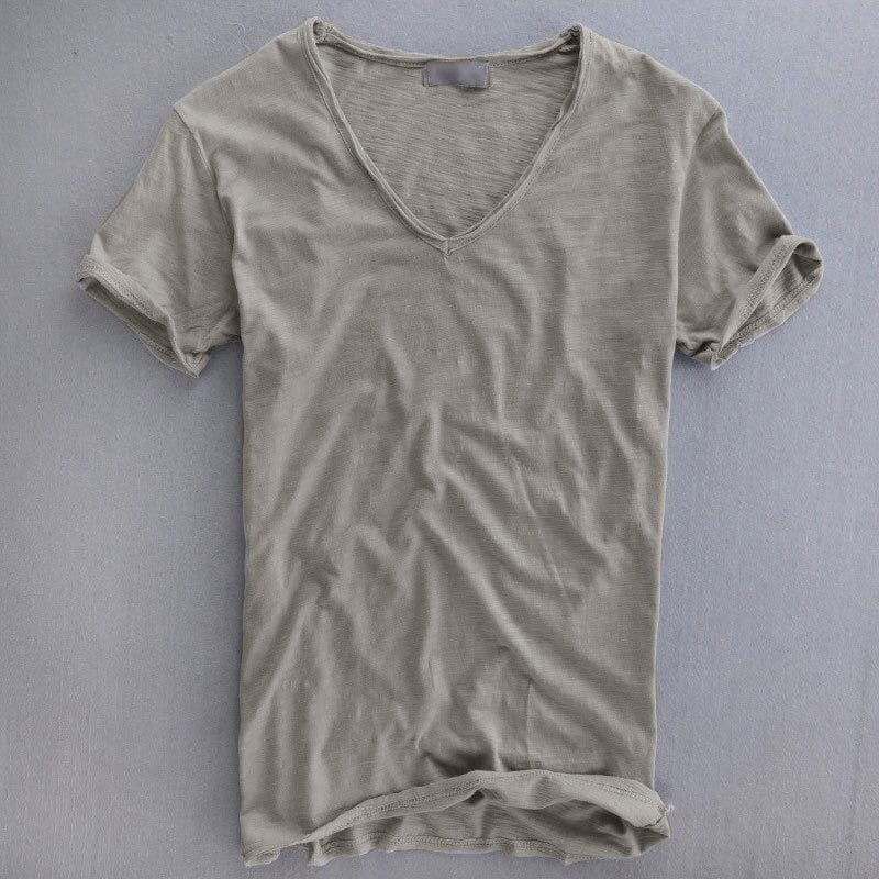 Men's slim fit V neck T-shirt in soft fabric, perfect for casual summer wear, featuring a stylish design and comfortable fit. 0