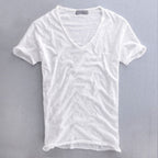 Men's slim fit V neck T-shirt in soft fabric, perfect for casual summer wear, featuring a stylish design and comfortable fit. 1