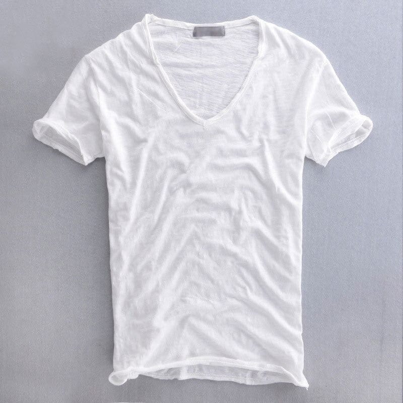Men's slim fit V neck T-shirt in soft fabric, perfect for casual summer wear, featuring a stylish design and comfortable fit. 1