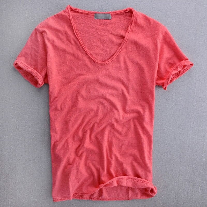 Men's slim fit V neck T-shirt in soft fabric, perfect for casual summer wear, featuring a stylish design and comfortable fit. 2