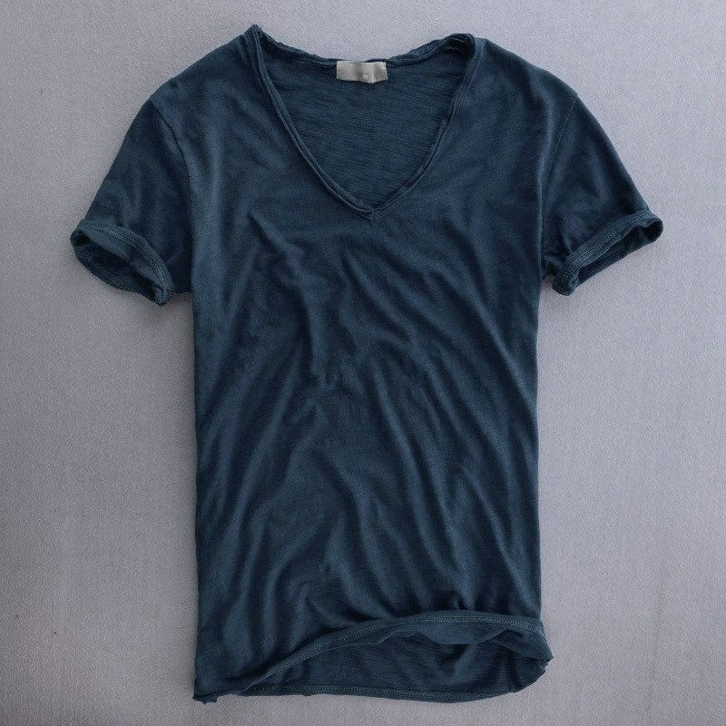 Men's slim fit V neck T-shirt in soft fabric, perfect for casual summer wear, featuring a stylish design and comfortable fit. 4