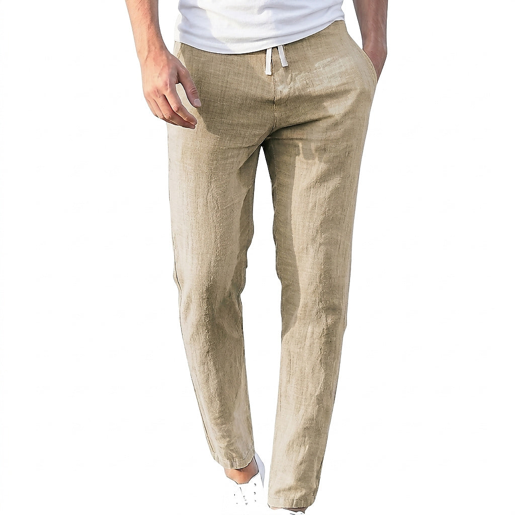 Men's straight leg linen trousers in a versatile casual style, perfect for warm weather and laid-back outings. 0