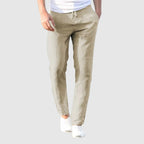 Men's straight leg linen trousers in a versatile casual style, perfect for warm weather and laid-back outings. 1