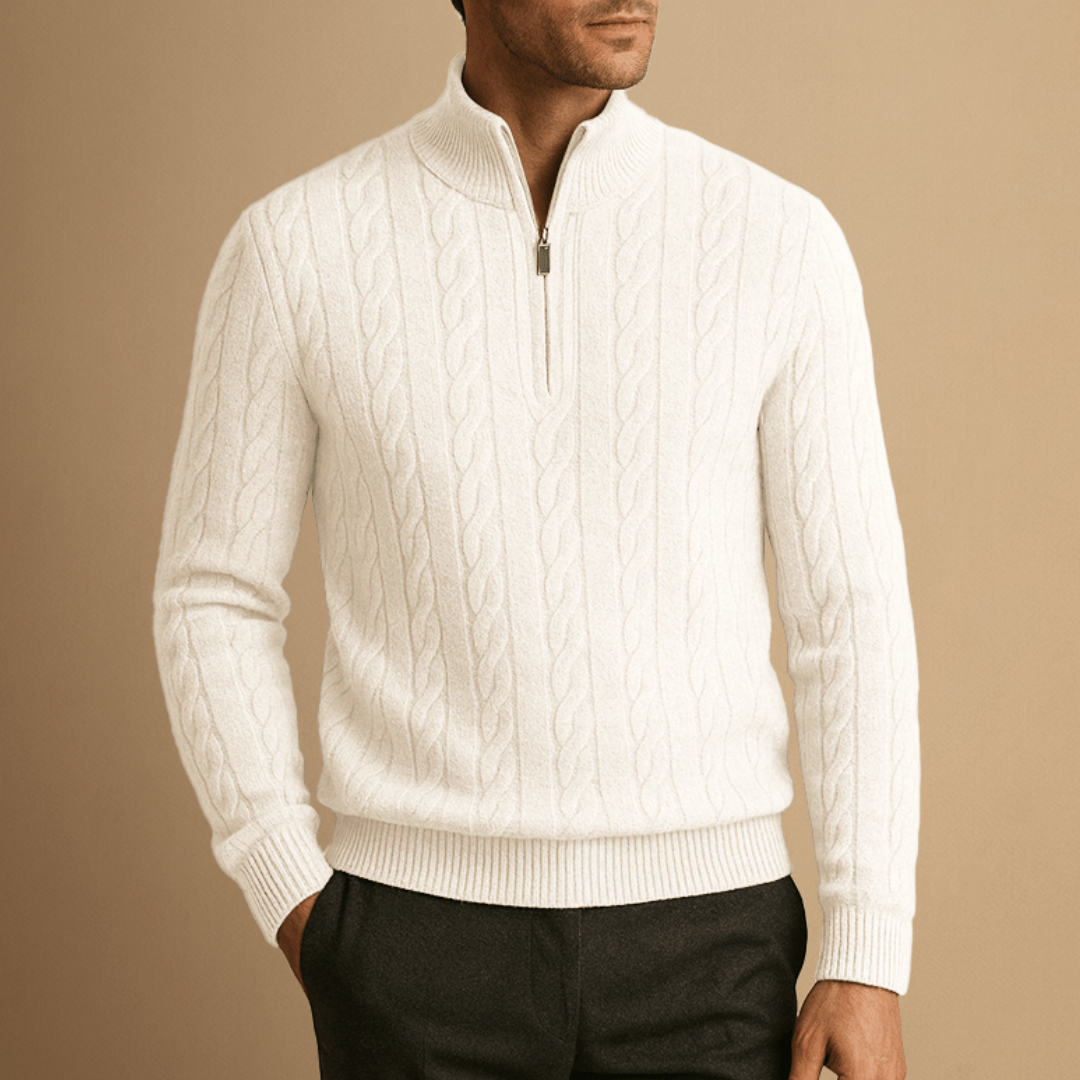 Half Zip Merino Wool Sweater in Cable Knit
