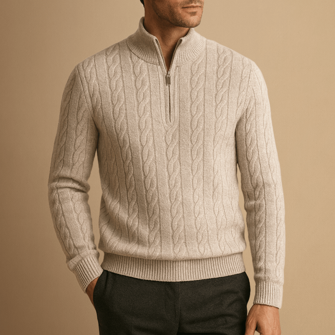 Half Zip Merino Wool Sweater in Cable Knit