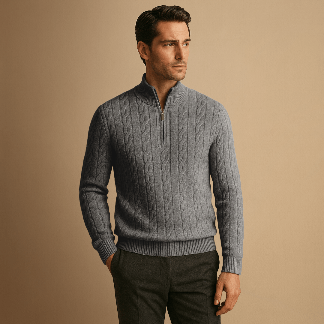 Half Zip Merino Wool Sweater in Cable Knit