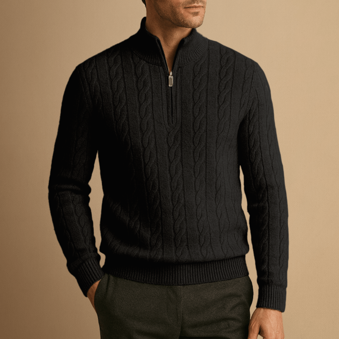 Half Zip Merino Wool Sweater in Cable Knit