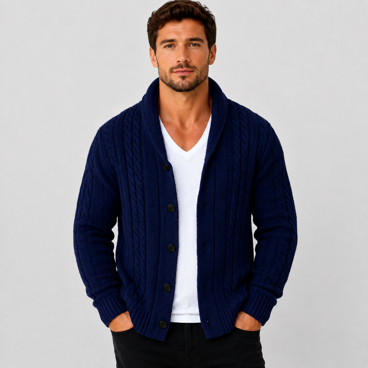 Cable knit button front cardigan sweater in navy blue