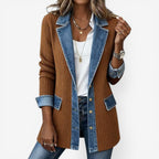 Women's knit autumn jacket with layered collar and buttons in khaki