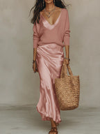 Women's elegant two piece maxi skirt set for wedding guests in pink