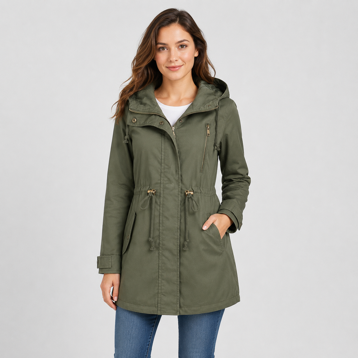 Lightweight hooded cotton blend windbreaker jacket in olive green