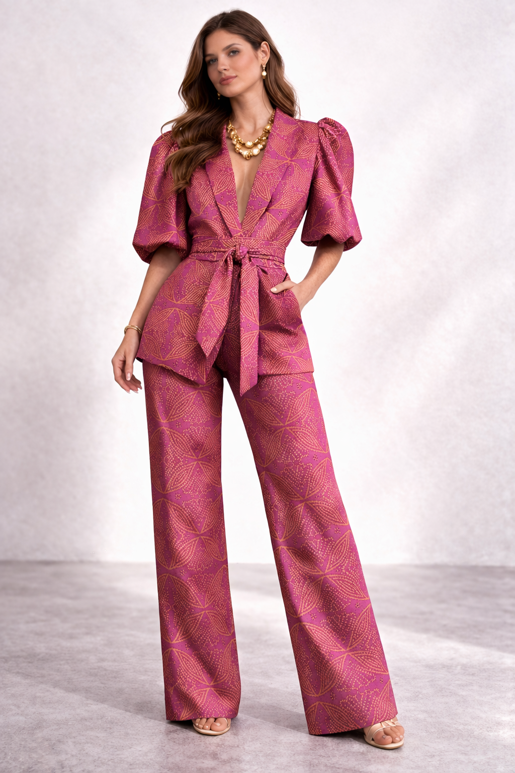 Puff sleeve two-piece set for women in casual urban style, featuring a stylish lace design in grey color. 0