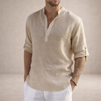 Regular fit linen shirt featuring a stylish stand-up collar and long sleeves, perfect for casual or semi-formal occasions. 3