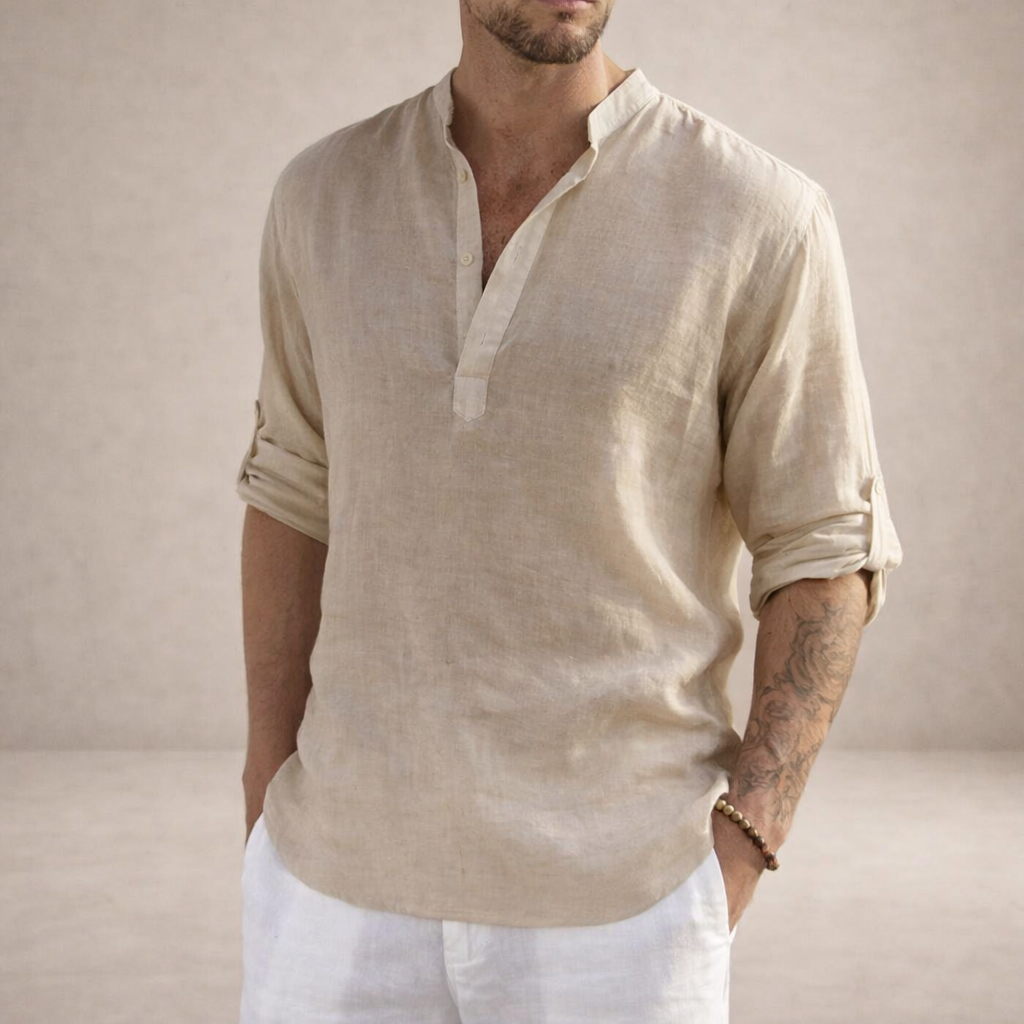 Regular fit linen shirt featuring a stylish stand-up collar and long sleeves, perfect for casual or semi-formal occasions. 3