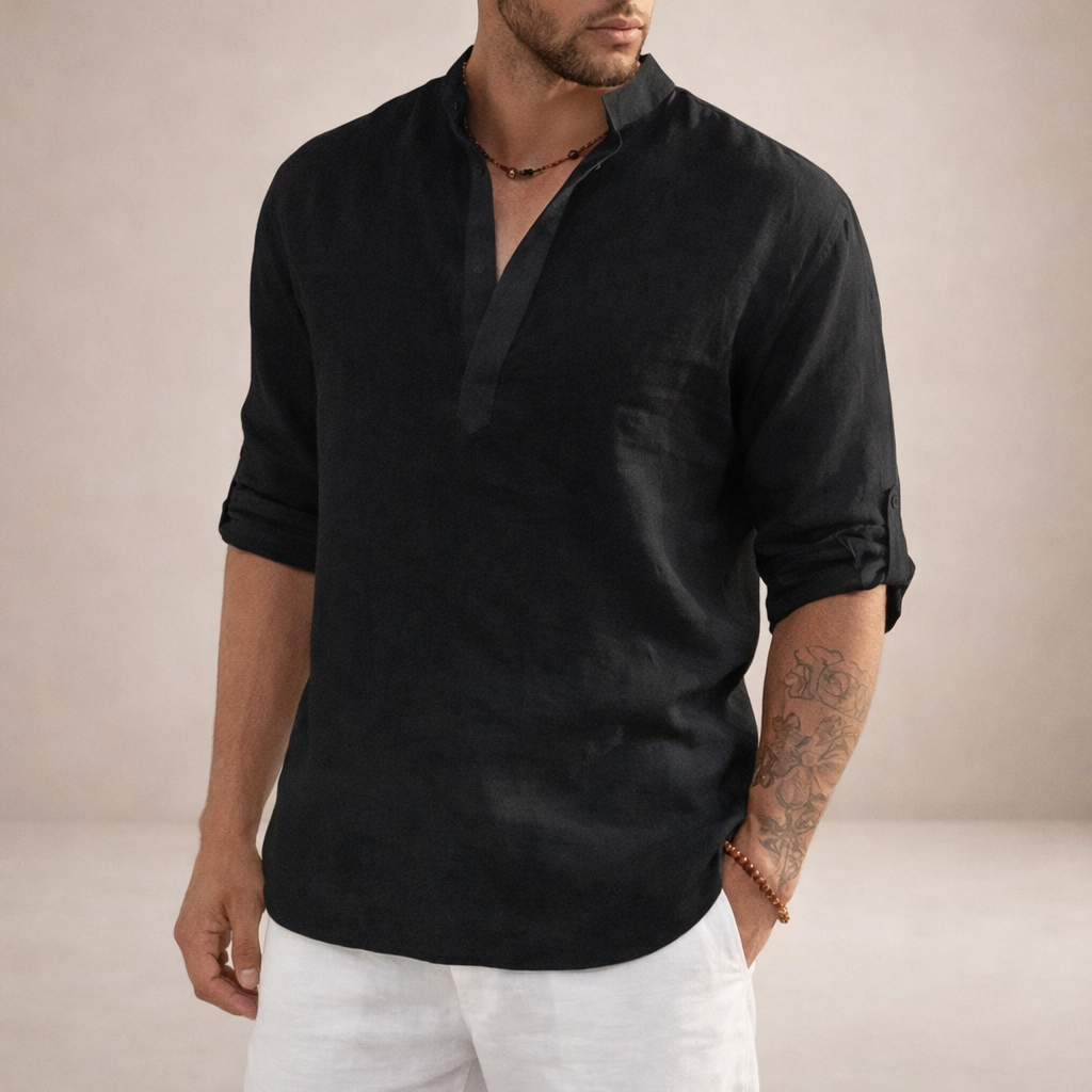 Regular fit linen shirt featuring a stylish stand-up collar and long sleeves, perfect for casual or semi-formal occasions. 7