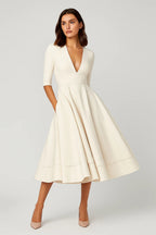 Fit and Flare Midi Dress V-Neck Women