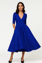 Fit and Flare Midi Dress V-Neck Women