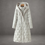 Women's warm luxury longline hooded down coat in white