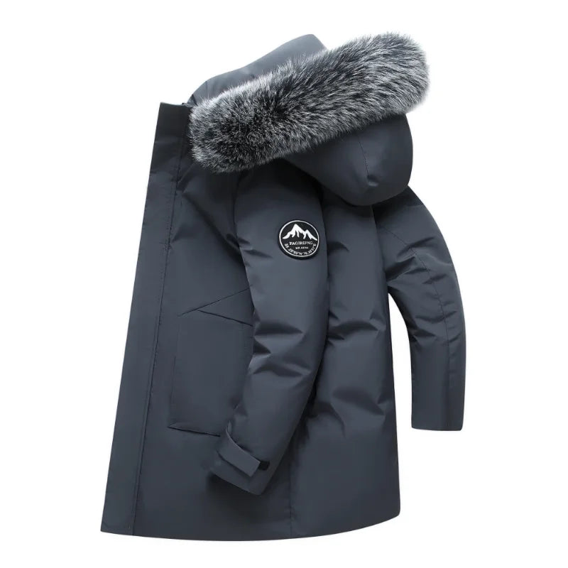 Men's waterproof winter parka with removable fur trim hood in grey