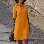 Linen V-Neck Midi Dress