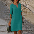 Linen V-Neck Midi Dress