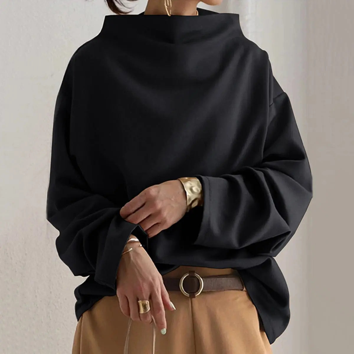 High neck fine knit top in black