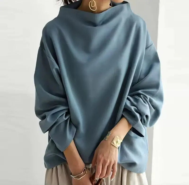 High neck fine knit top in blue