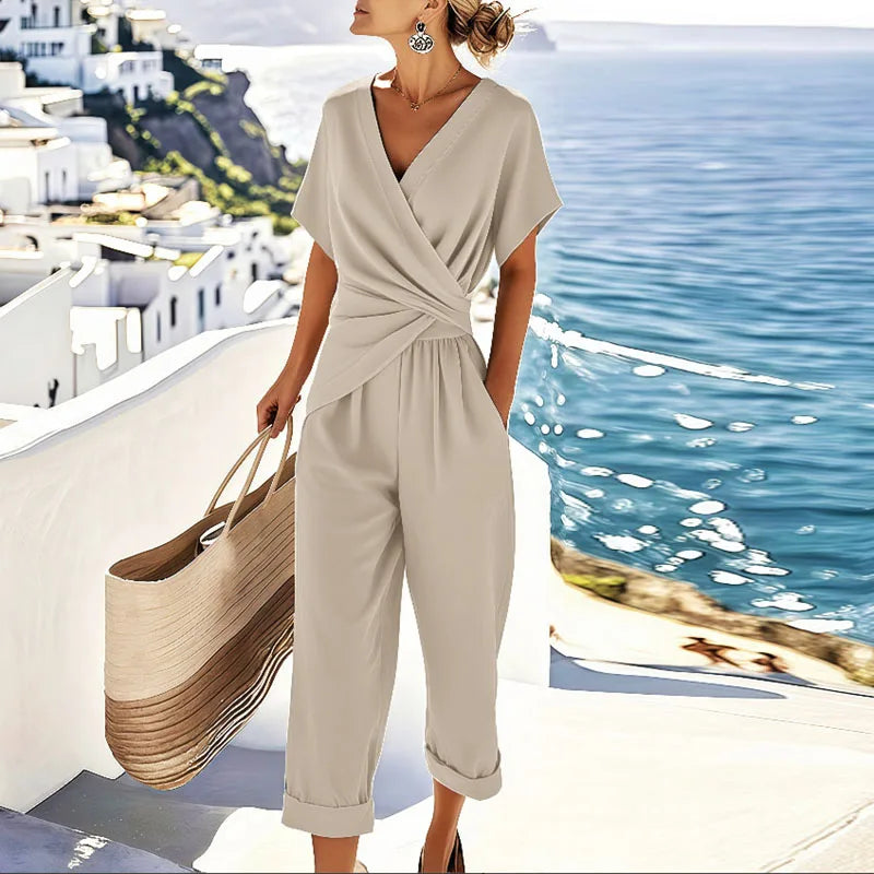 Short Sleeve Surplice Jumpsuit in Relaxed Fit