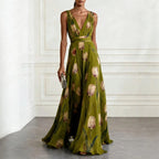 Women's elegant floral wrap maxi dress for wedding guests in green