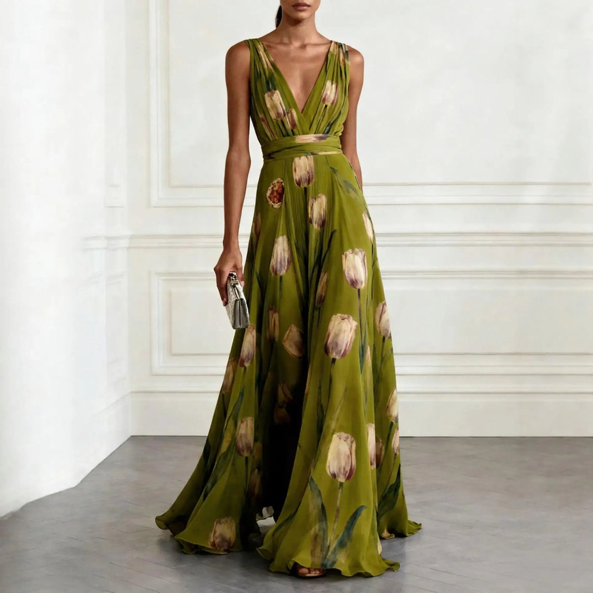 Women's elegant floral wrap maxi dress for wedding guests in green