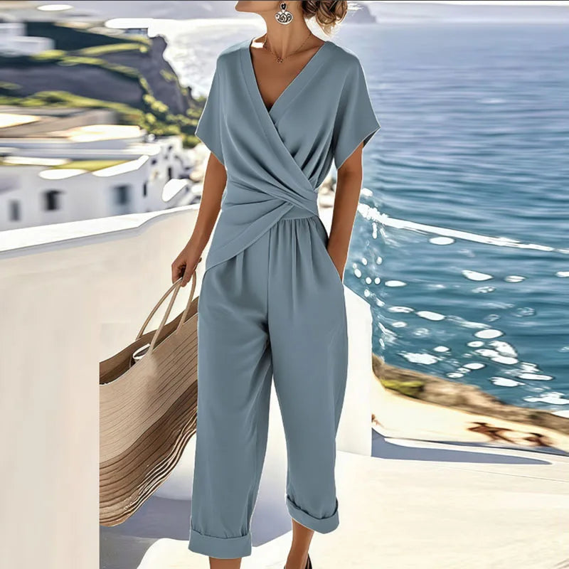 Short Sleeve Surplice Jumpsuit in Relaxed Fit