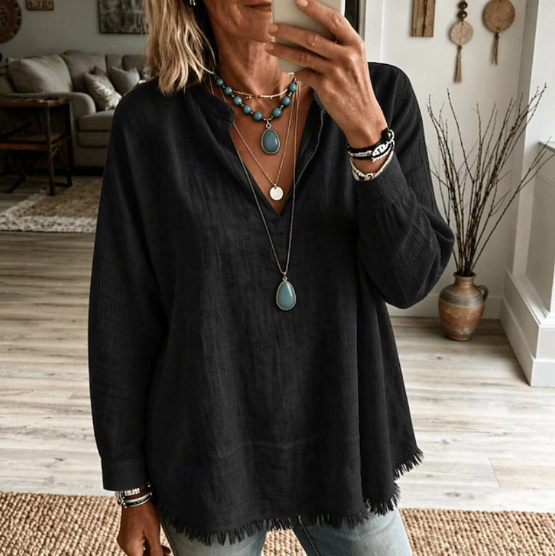 Women's casual V neck tunic top in black