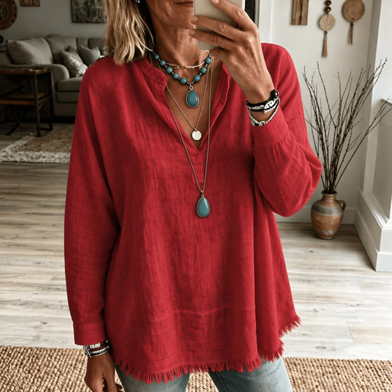 Women's casual V neck tunic top in red