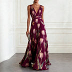 Women's elegant floral wrap maxi dress for wedding guests in burgundy