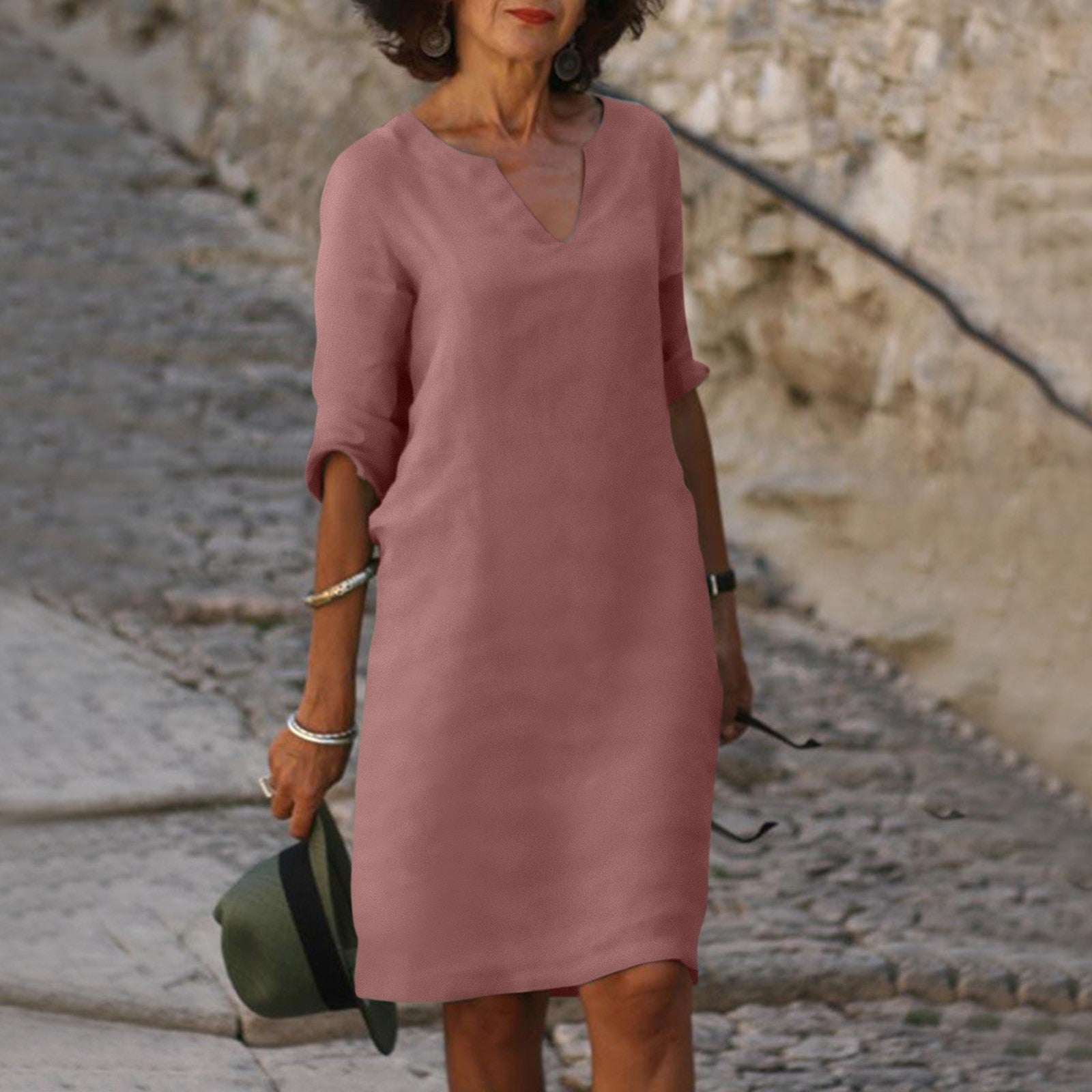Women's V-Neck Linen Dress Midi Length