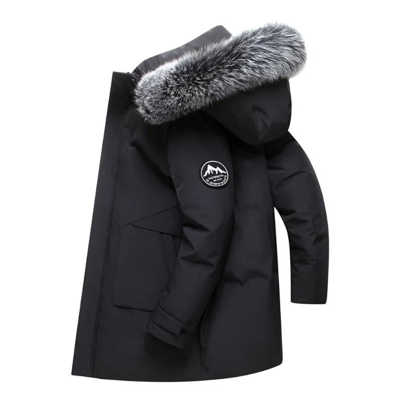 Men's waterproof winter parka with removable fur trim hood in black