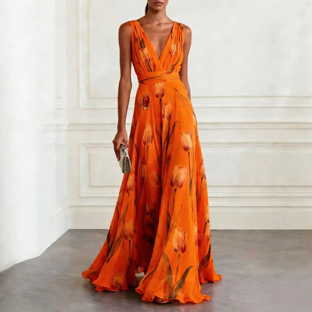 Women's elegant floral wrap maxi dress for wedding guests in orange