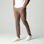 Light Brown Slim Fit Cotton Blend Trousers with Elastic Waist